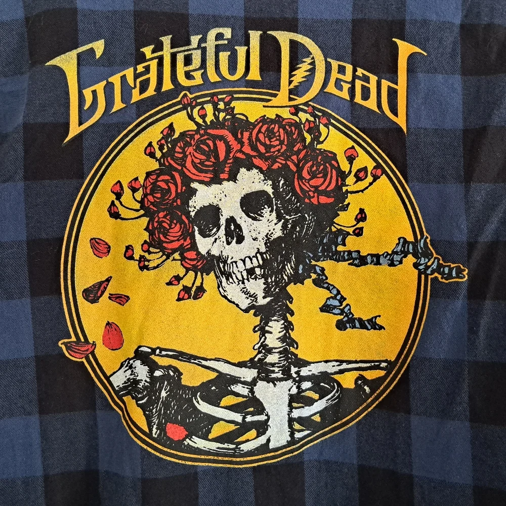 Grateful Dead Flannel Blue Buffalo Plaid XS Skull Roses Graphic - Picture 3 of 6